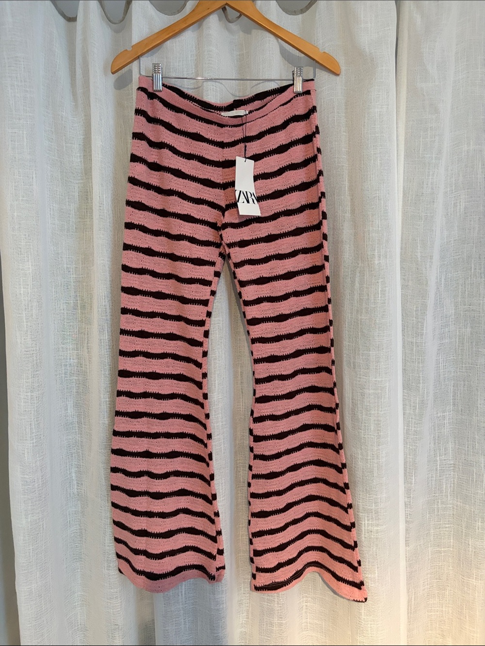 Zara Pink and Black Striped Knit Flared Pants